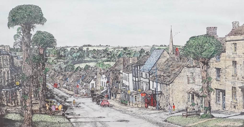 After G. J. L. Kew, Burford High Street, colour print, signed in the plate, 33 x 60cm